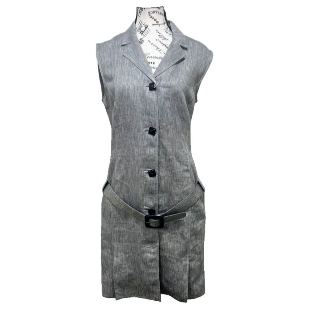 Genny Italy Linen Dress Size 8 Grey Belted Knee-Length - Picture 6 of 16